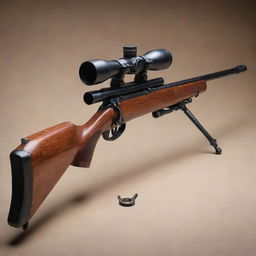 A meticulously detailed, vivid image of a 1940s bolt-action sniper rifle with a strikingly long barrel. The sniper contains the vintage charm of dark polished wood stock, a long-ranged metal scope, and an intimidating presence.