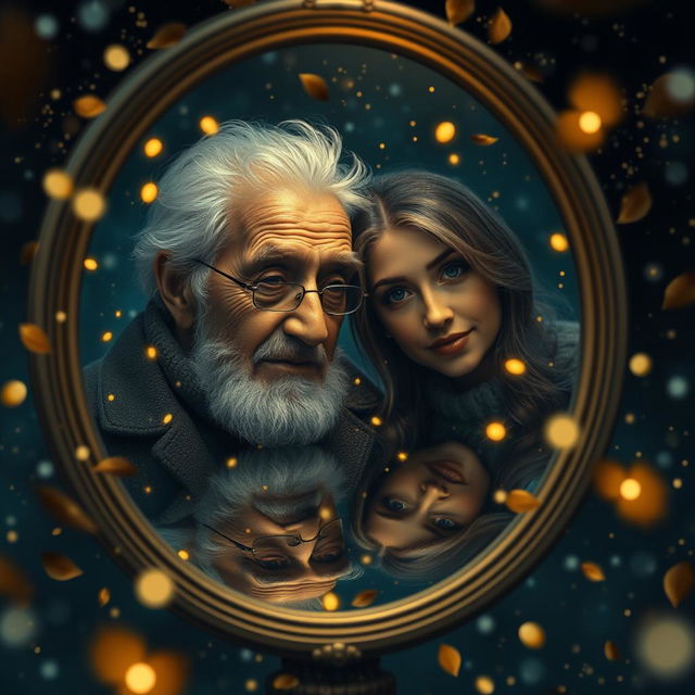 A mirror reflecting an old man and woman, showcasing their youthful reflections as a young man and young lady