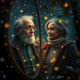 A mirror reflecting an old man and woman, showcasing their youthful reflections as a young man and young lady