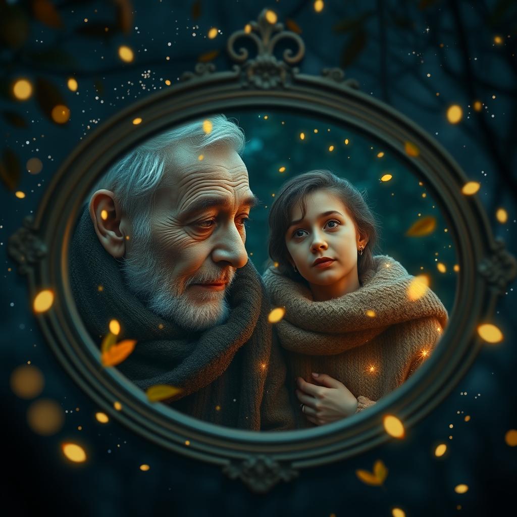 A mirror reflecting an old man and woman, showcasing their youthful reflections as a young man and young lady