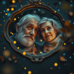 A mirror reflecting an old man and woman, showcasing their youthful reflections as a young man and young lady