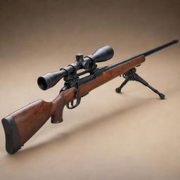 A meticulously detailed, vivid image of a 1940s bolt-action sniper rifle with a strikingly long barrel. The sniper contains the vintage charm of dark polished wood stock, a long-ranged metal scope, and an intimidating presence.