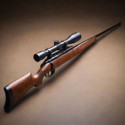 A meticulously detailed, vivid image of a 1940s bolt-action sniper rifle with a strikingly long barrel. The sniper contains the vintage charm of dark polished wood stock, a long-ranged metal scope, and an intimidating presence.