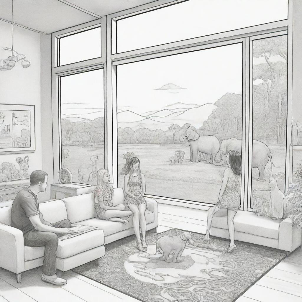 Two-dimensional, black and white cartoon-style colouring page of a Down syndrome Barbie fairy in paradise, in a big open relaxing room with her mom, dad, and friends, looking out a large window at an elephant and giraffe outside.