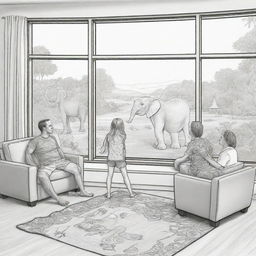 Two-dimensional, black and white cartoon-style colouring page of a Down syndrome Barbie fairy in paradise, in a big open relaxing room with her mom, dad, and friends, looking out a large window at an elephant and giraffe outside.