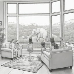 Two-dimensional, black and white cartoon-style colouring page of a Down syndrome Barbie fairy in paradise, in a big open relaxing room with her mom, dad, and friends, looking out a large window at an elephant and giraffe outside.