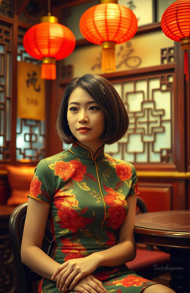 A stylish young woman in 1970s China, wearing a colorful qipao dress with floral patterns, sitting in a quaint tea house with traditional Chinese decor