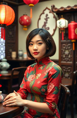 A stylish young woman in 1970s China, wearing a colorful qipao dress with floral patterns, sitting in a quaint tea house with traditional Chinese decor