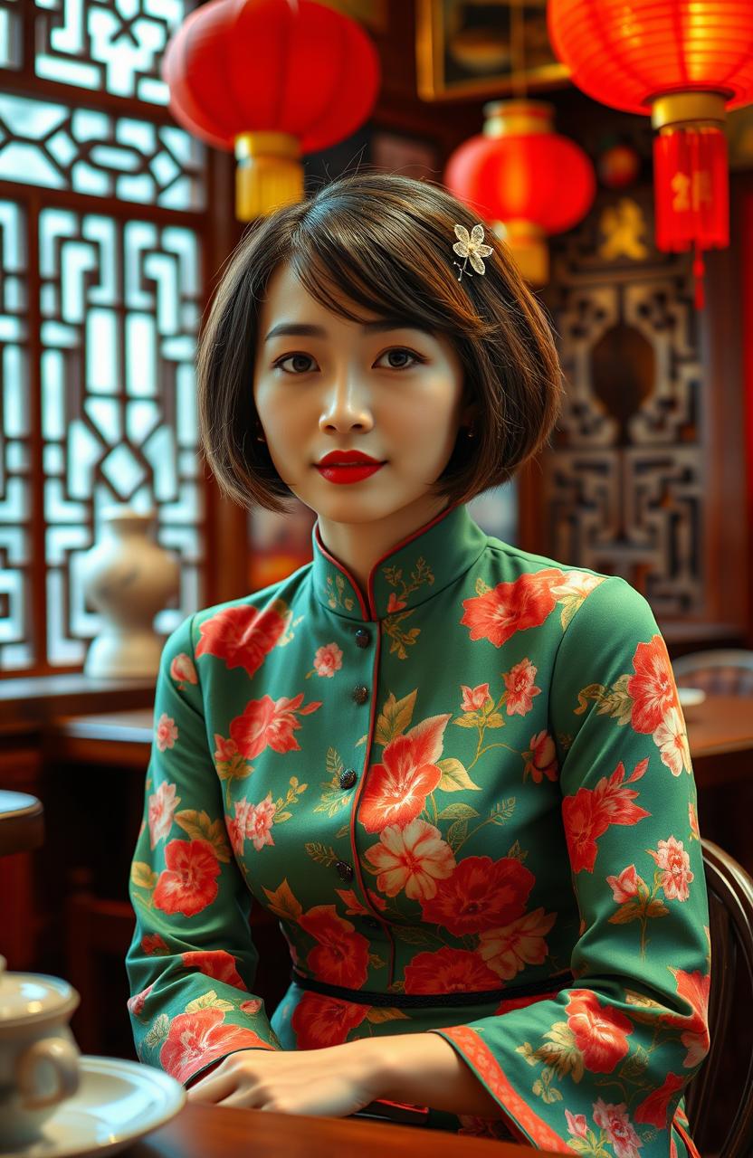 A stylish young woman in 1970s China, wearing a colorful qipao dress with floral patterns, sitting in a quaint tea house with traditional Chinese decor