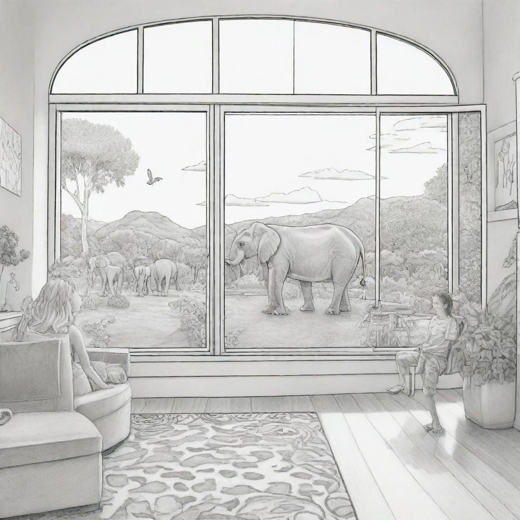 Two-dimensional, black and white cartoon-style colouring page of a Down syndrome Barbie fairy in paradise, in a big open relaxing room with her mom, dad, and friends, looking out a large window at an elephant and giraffe outside.