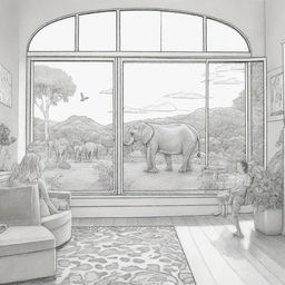 Two-dimensional, black and white cartoon-style colouring page of a Down syndrome Barbie fairy in paradise, in a big open relaxing room with her mom, dad, and friends, looking out a large window at an elephant and giraffe outside.