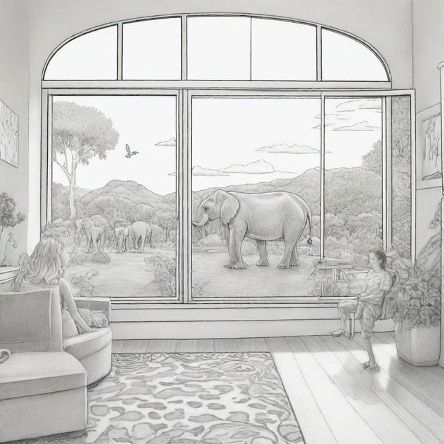 Two-dimensional, black and white cartoon-style colouring page of a Down syndrome Barbie fairy in paradise, in a big open relaxing room with her mom, dad, and friends, looking out a large window at an elephant and giraffe outside.