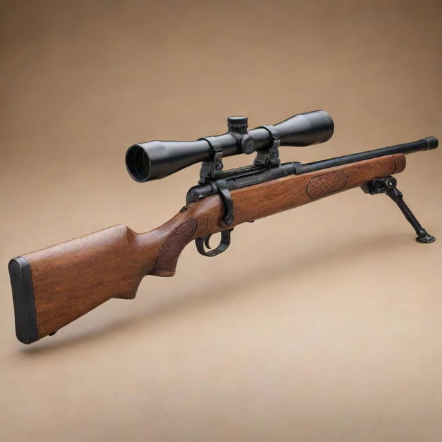 A 1940s bolt-action sniper rifle without a scope, featuring a long, intimidating barrel. The image maintains authenticity with a well-polished wood stock and a historic appearance, exemplifying the weapon's vintage and militaristic charm.