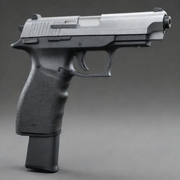 A realistic, modern fully automatic pistol with a long barrel. The image encapsulates sleek metal components with distinct black grips, implying power, agility, and high-performing functionality.