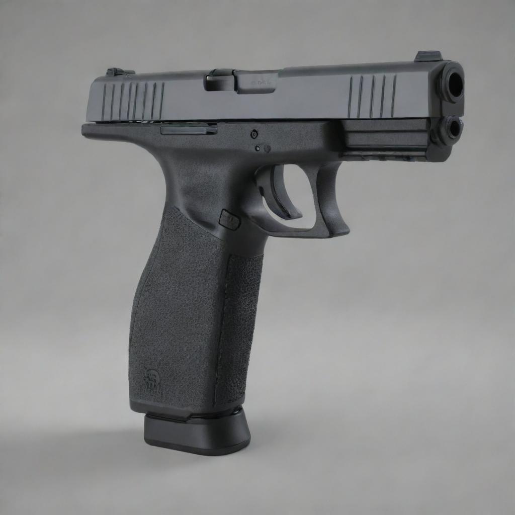 A realistic, modern fully automatic pistol with a long barrel. The image encapsulates sleek metal components with distinct black grips, implying power, agility, and high-performing functionality.