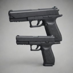 A realistic, modern fully automatic pistol with a long barrel. The image encapsulates sleek metal components with distinct black grips, implying power, agility, and high-performing functionality.