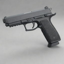 A realistic, modern fully automatic pistol with a long barrel. The image encapsulates sleek metal components with distinct black grips, implying power, agility, and high-performing functionality.