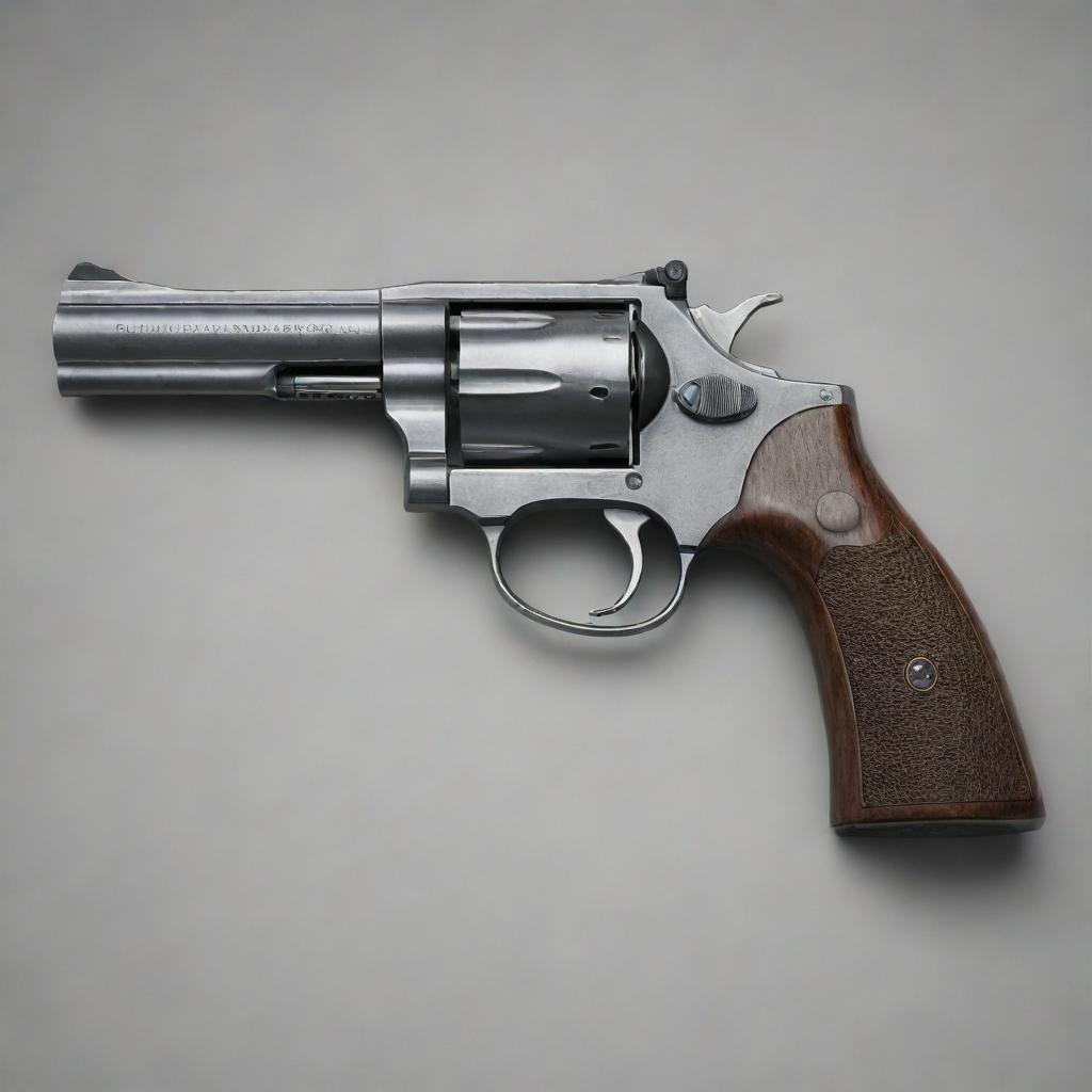 A pistol with the distinct features of a traditional revolver. The image showcases classic elements like a rotating cylinder, textured grip, and maintaining modern aesthetics.