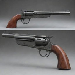 An innovative, hybrid design of a modern revolver mixed with a classic musket's features. The image highlights a revolving cylinder combined with a lengthy, flared musket barrel, integrating the old-world charm with new-age sophistication.