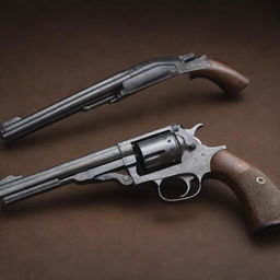 An innovative, hybrid design of a modern revolver mixed with a classic musket's features. The image highlights a revolving cylinder combined with a lengthy, flared musket barrel, integrating the old-world charm with new-age sophistication.