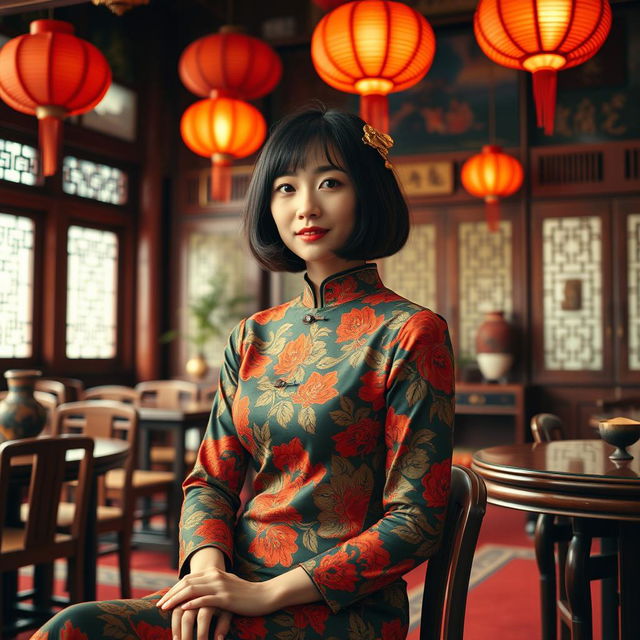 A fashionable young woman from 1970s China, dressed in a vibrant qipao with intricate patterns, seated gracefully in a traditional tea house filled with authentic Chinese decor