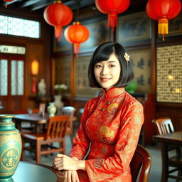 A fashionable young woman from 1970s China, dressed in a vibrant qipao with intricate patterns, seated gracefully in a traditional tea house filled with authentic Chinese decor
