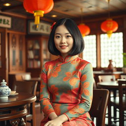 A fashionable young woman from 1970s China, dressed in a vibrant qipao with intricate patterns, seated gracefully in a traditional tea house filled with authentic Chinese decor