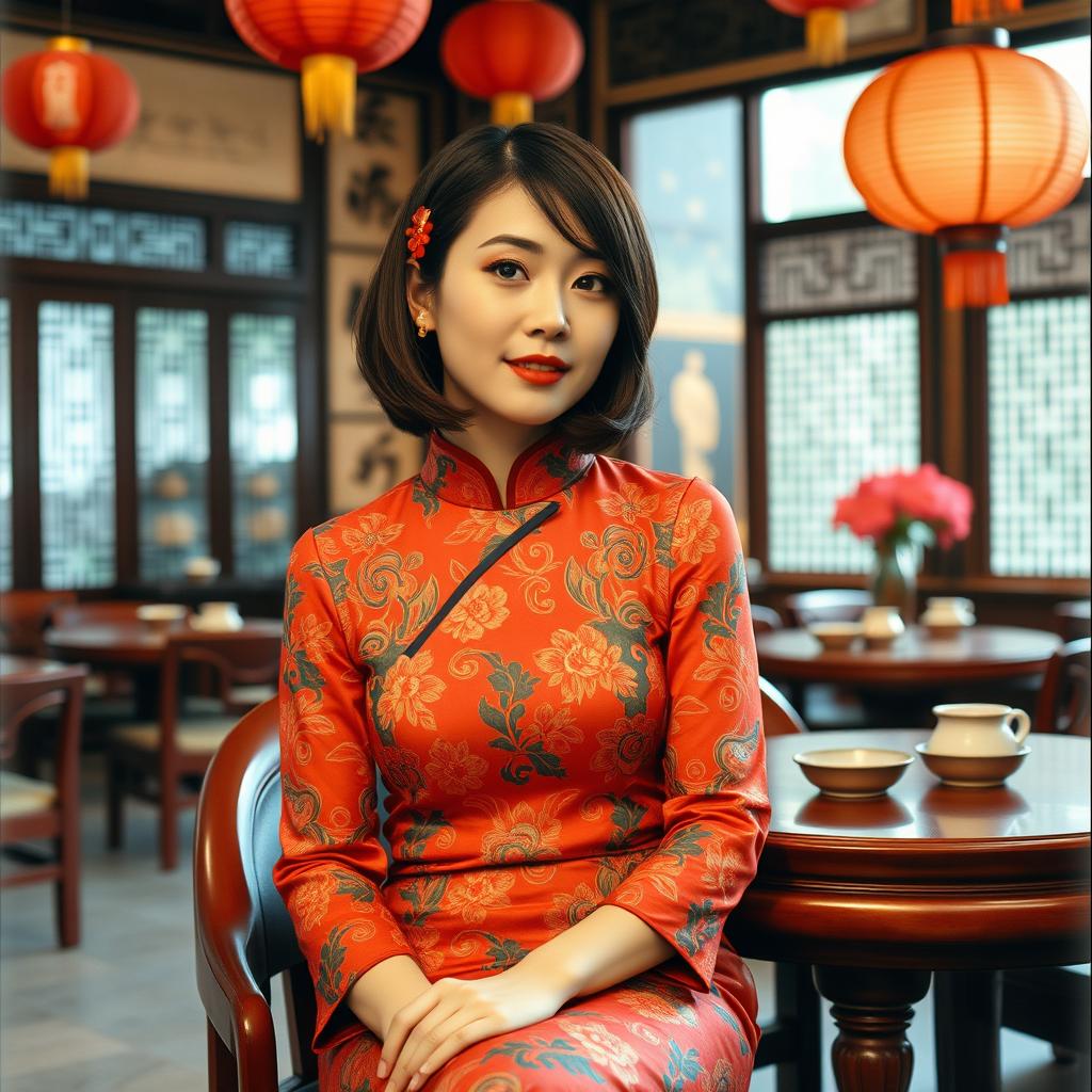 A fashionable young woman from 1970s China, dressed in a vibrant qipao with intricate patterns, seated gracefully in a traditional tea house filled with authentic Chinese decor