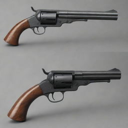 An innovative, hybrid design of a modern revolver mixed with a classic musket's features. The image highlights a revolving cylinder combined with a lengthy, flared musket barrel, integrating the old-world charm with new-age sophistication.