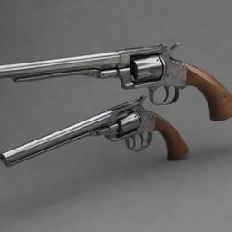 An innovative, hybrid design of a modern revolver mixed with a classic musket's features. The image highlights a revolving cylinder combined with a lengthy, flared musket barrel, integrating the old-world charm with new-age sophistication.