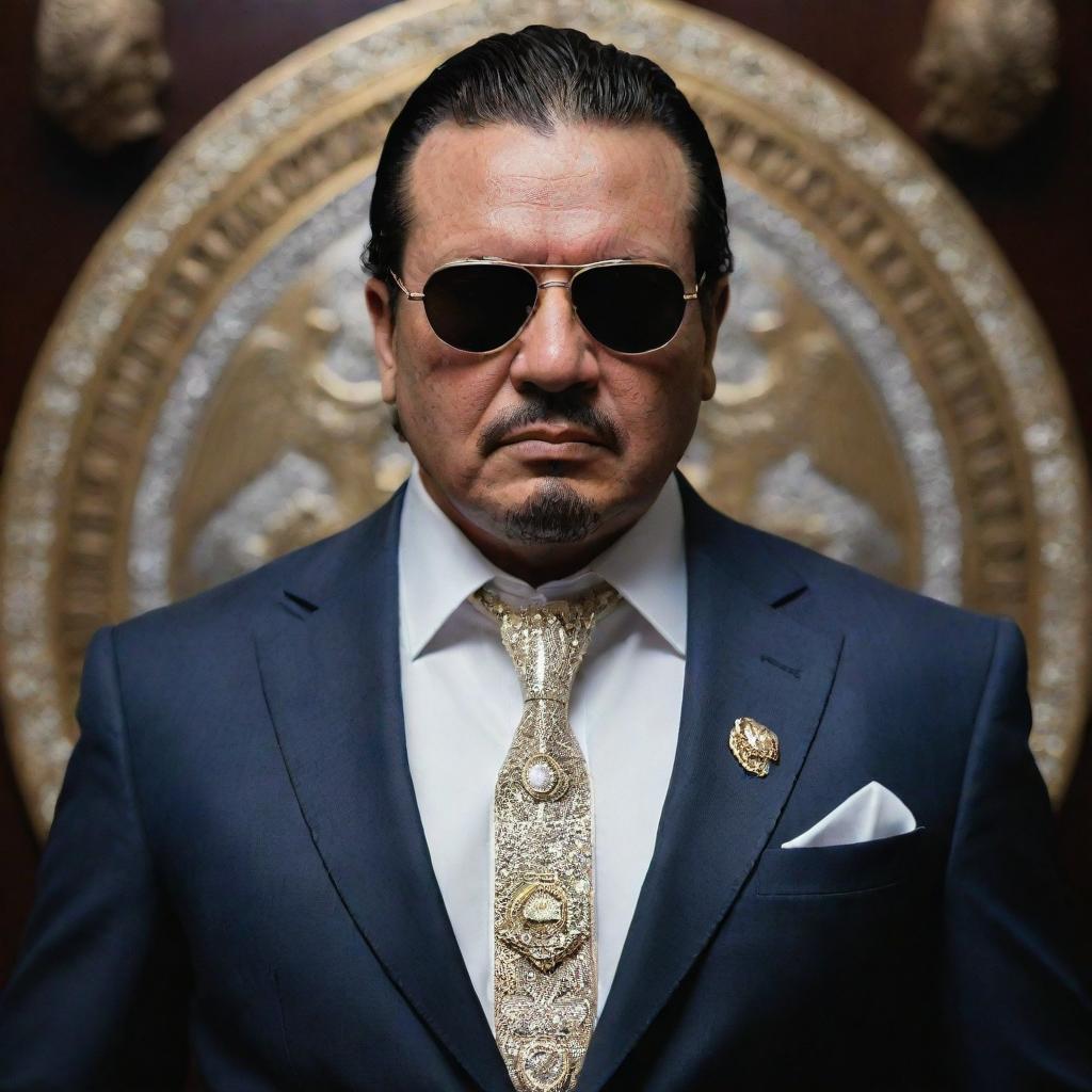 An imposing figure representing a cartel boss, dressed in a sharp suit, accessorized with expensive jewelry and an atmosphere of power and danger radiating from him.