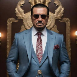 An imposing figure representing a cartel boss, dressed in a sharp suit, accessorized with expensive jewelry and an atmosphere of power and danger radiating from him.