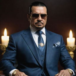 An imposing figure representing a cartel boss, dressed in a sharp suit, accessorized with expensive jewelry and an atmosphere of power and danger radiating from him.