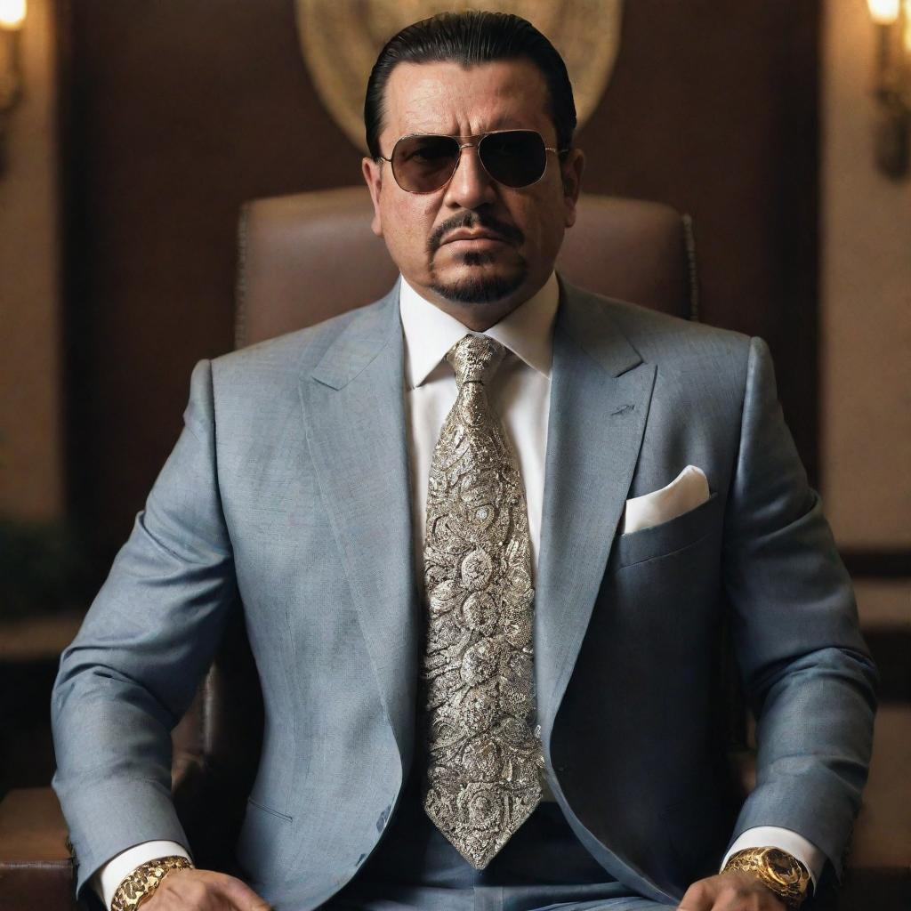 An imposing figure representing a cartel boss, dressed in a sharp suit, accessorized with expensive jewelry and an atmosphere of power and danger radiating from him.