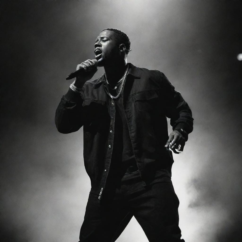 A dynamic, powerful image of the greatest rapper, depicted in mid-performance with a mic in hand, backed by blaring speakers and thrumming with the electricity of the crowd.