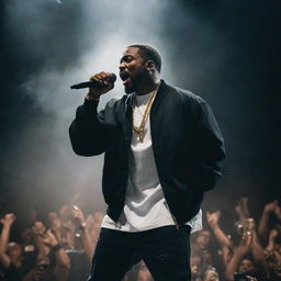 A dynamic, powerful image of the greatest rapper, depicted in mid-performance with a mic in hand, backed by blaring speakers and thrumming with the electricity of the crowd.