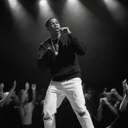 A dynamic, powerful image of the greatest rapper, depicted in mid-performance with a mic in hand, backed by blaring speakers and thrumming with the electricity of the crowd.