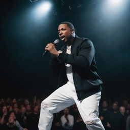 A dynamic, powerful image of the greatest rapper, depicted in mid-performance with a mic in hand, backed by blaring speakers and thrumming with the electricity of the crowd.