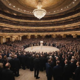 A lavish scene of the world's wealthiest person on a grand stage, surrounded by a crowd of admirers and onlookers, with a backdrop of opulence and splendor.