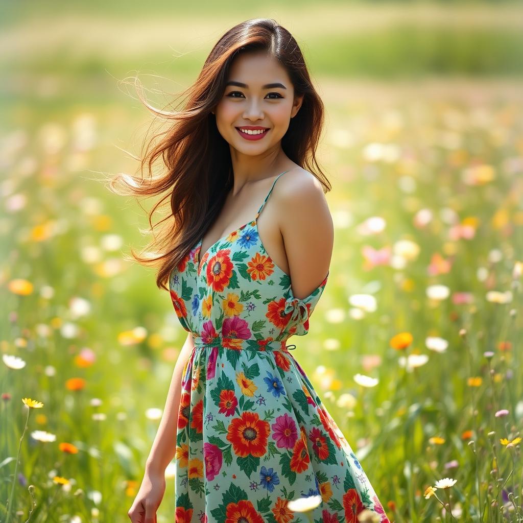 A beautiful Chinese woman with long, wavy hair, dressed in a stylish 1970s outfit consisting of a colorful floral maxi dress, standing gracefully in a vibrant green field