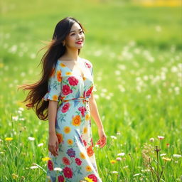 A beautiful Chinese woman with long, wavy hair, dressed in a stylish 1970s outfit consisting of a colorful floral maxi dress, standing gracefully in a vibrant green field