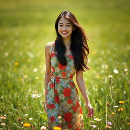 A beautiful Chinese woman with long, wavy hair, dressed in a stylish 1970s outfit consisting of a colorful floral maxi dress, standing gracefully in a vibrant green field
