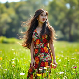 A beautiful Chinese woman with long, wavy hair, dressed in a stylish 1970s outfit consisting of a colorful floral maxi dress, standing gracefully in a vibrant green field