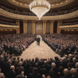 A lavish scene of the world's wealthiest person on a grand stage, surrounded by a crowd of admirers and onlookers, with a backdrop of opulence and splendor.