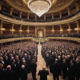 A lavish scene of the world's wealthiest person on a grand stage, surrounded by a crowd of admirers and onlookers, with a backdrop of opulence and splendor.