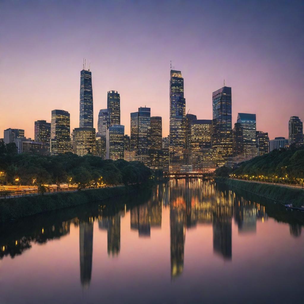 A bustling cityscape at dusk with skyscrapers piercing the twilight sky, lights twinkling like stars, all reflected in a tranquil river.