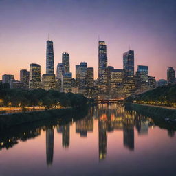 A bustling cityscape at dusk with skyscrapers piercing the twilight sky, lights twinkling like stars, all reflected in a tranquil river.