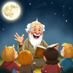 An illustration of Uncle Moon, an elderly man with a kind face and a warm smile, sitting outdoors at night surrounded by curious children