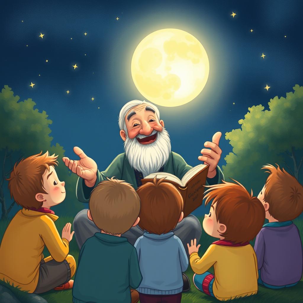 An illustration of Uncle Moon, an elderly man with a kind face and a warm smile, sitting outdoors at night surrounded by curious children