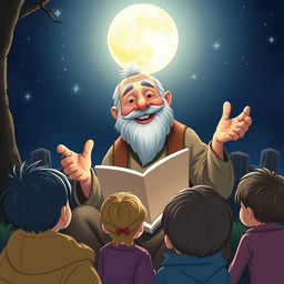 An illustration of Uncle Moon, an elderly man with a kind face and a warm smile, sitting outdoors at night surrounded by curious children